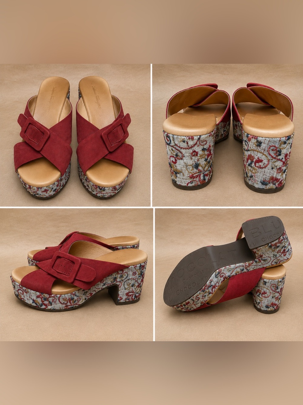 Chocolat Blu Red Suede Platform Mules with Floral Block Heel